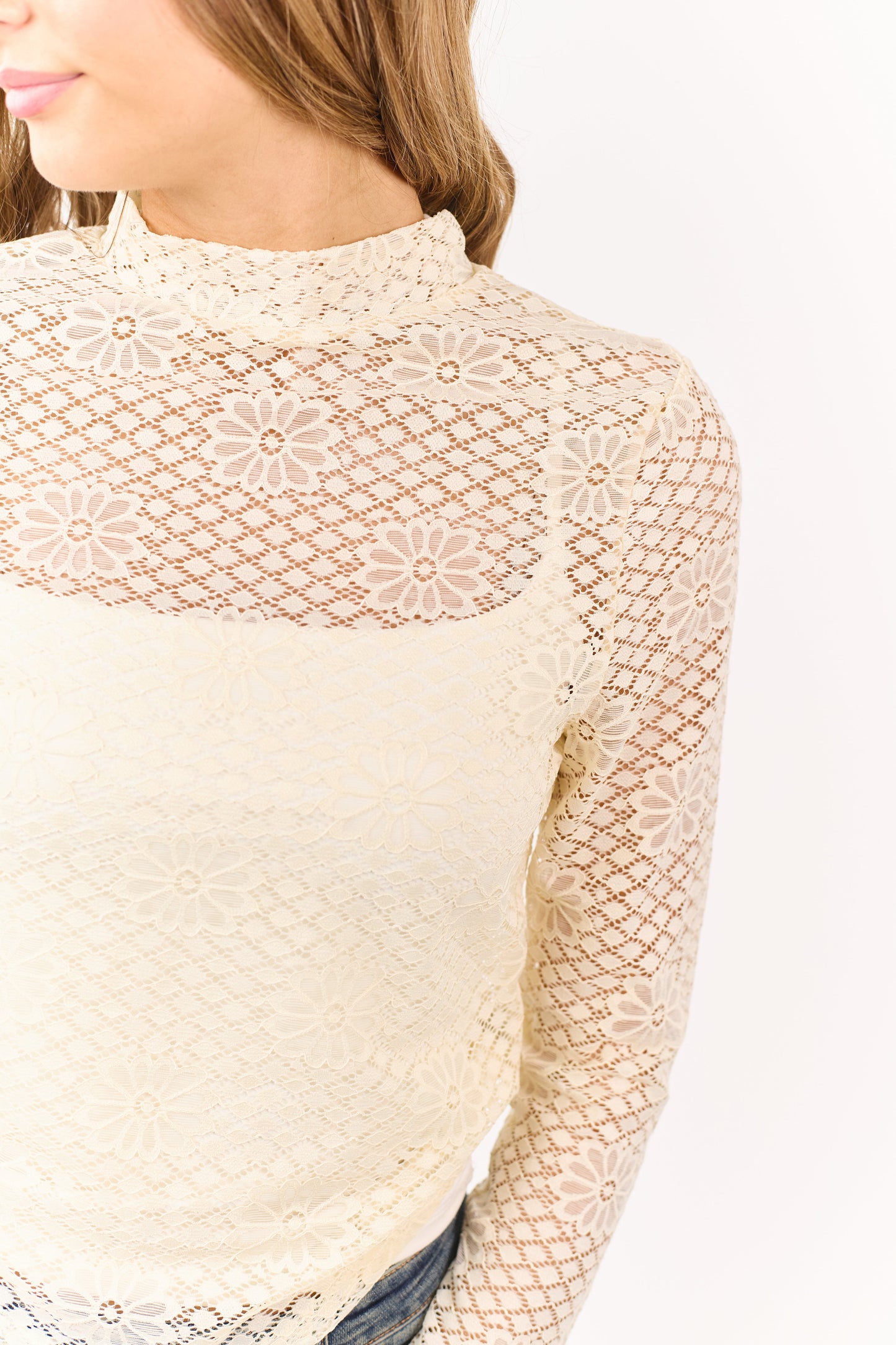 Cream Floral Sheer Lace Mock Neck Long Sleeve Top