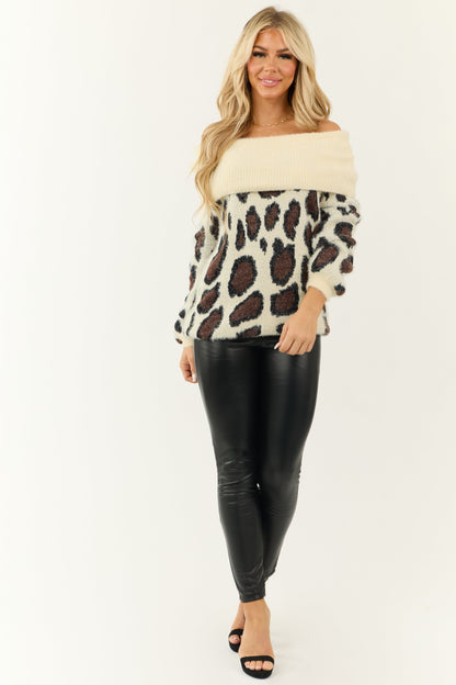 Cream Fuzzy Leopard Off the Shoulder Sweater