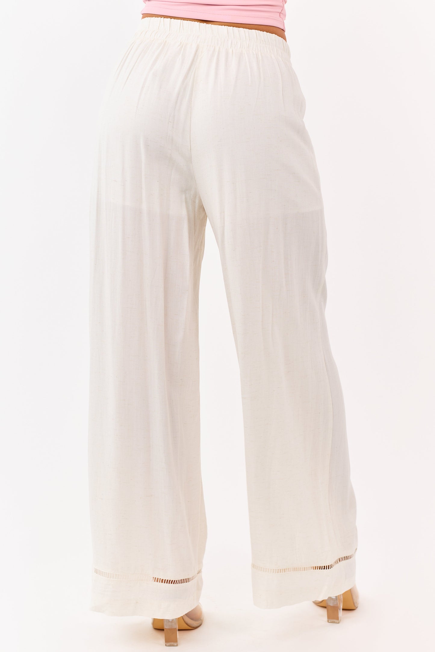 Cream Ladder Lace Hem Linen Blend Wide Leg Pants