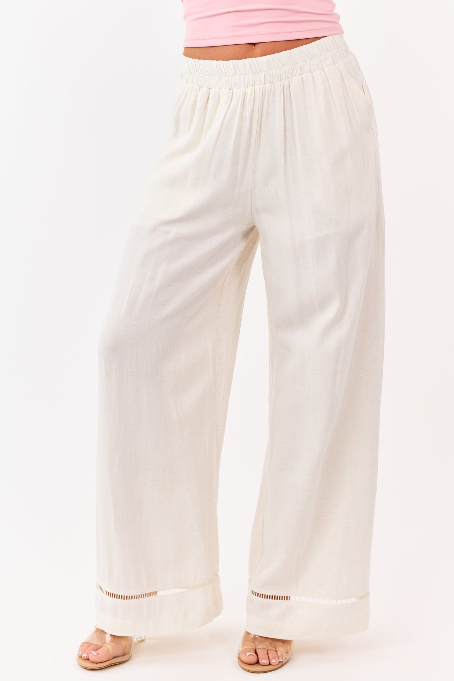 Cream Ladder Lace Hem Linen Blend Wide Leg Pants