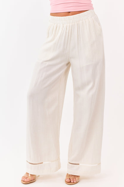 Cream Ladder Lace Hem Linen Blend Wide Leg Pants
