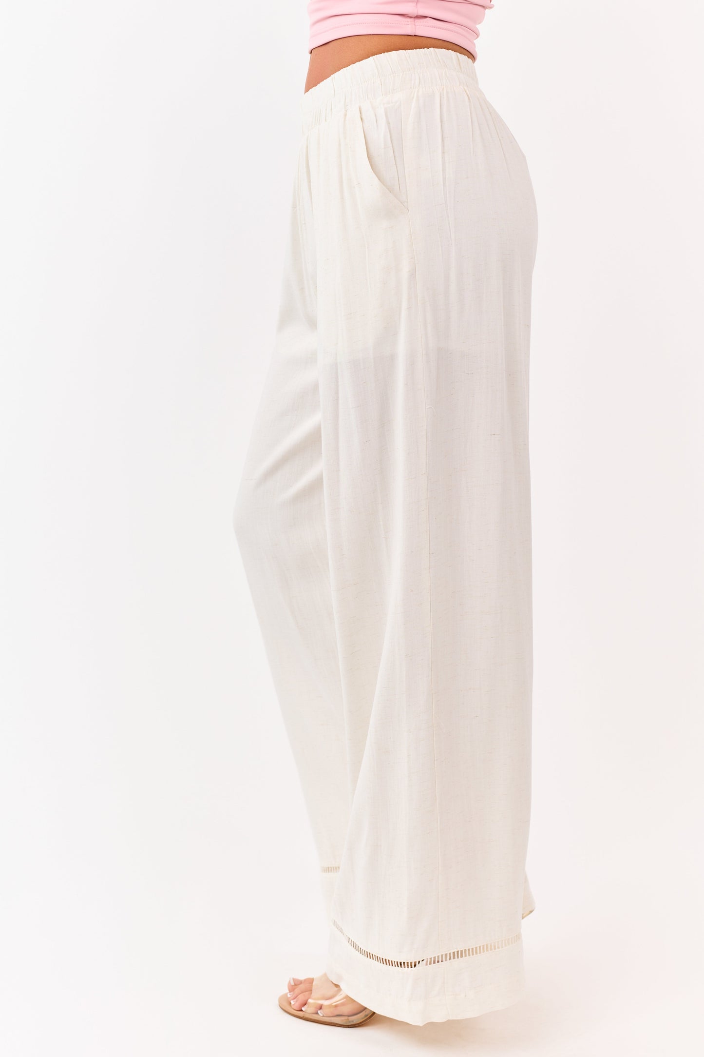 Cream Ladder Lace Hem Linen Blend Wide Leg Pants