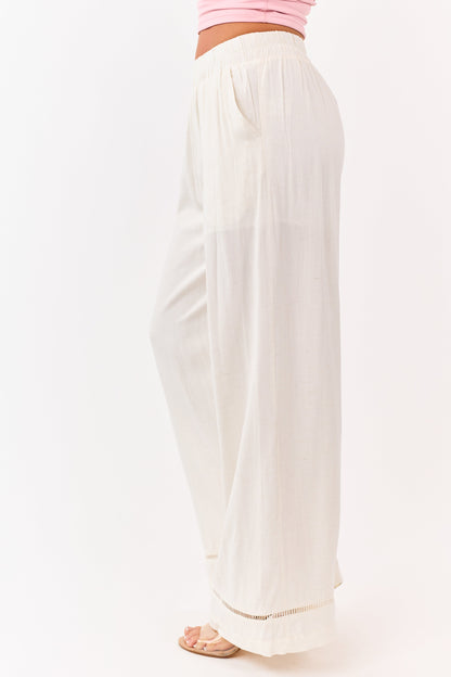 Cream Ladder Lace Hem Linen Blend Wide Leg Pants