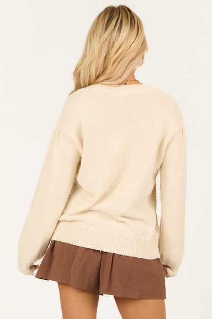 Cream Long Sleeve Pointelle Knit Crew Neck Sweater