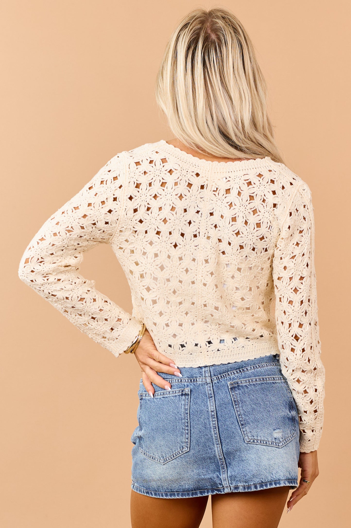 Cream Open Crochet Knit Button Down Cardigan