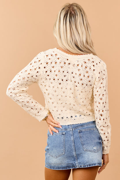 Cream Open Crochet Knit Button Down Cardigan