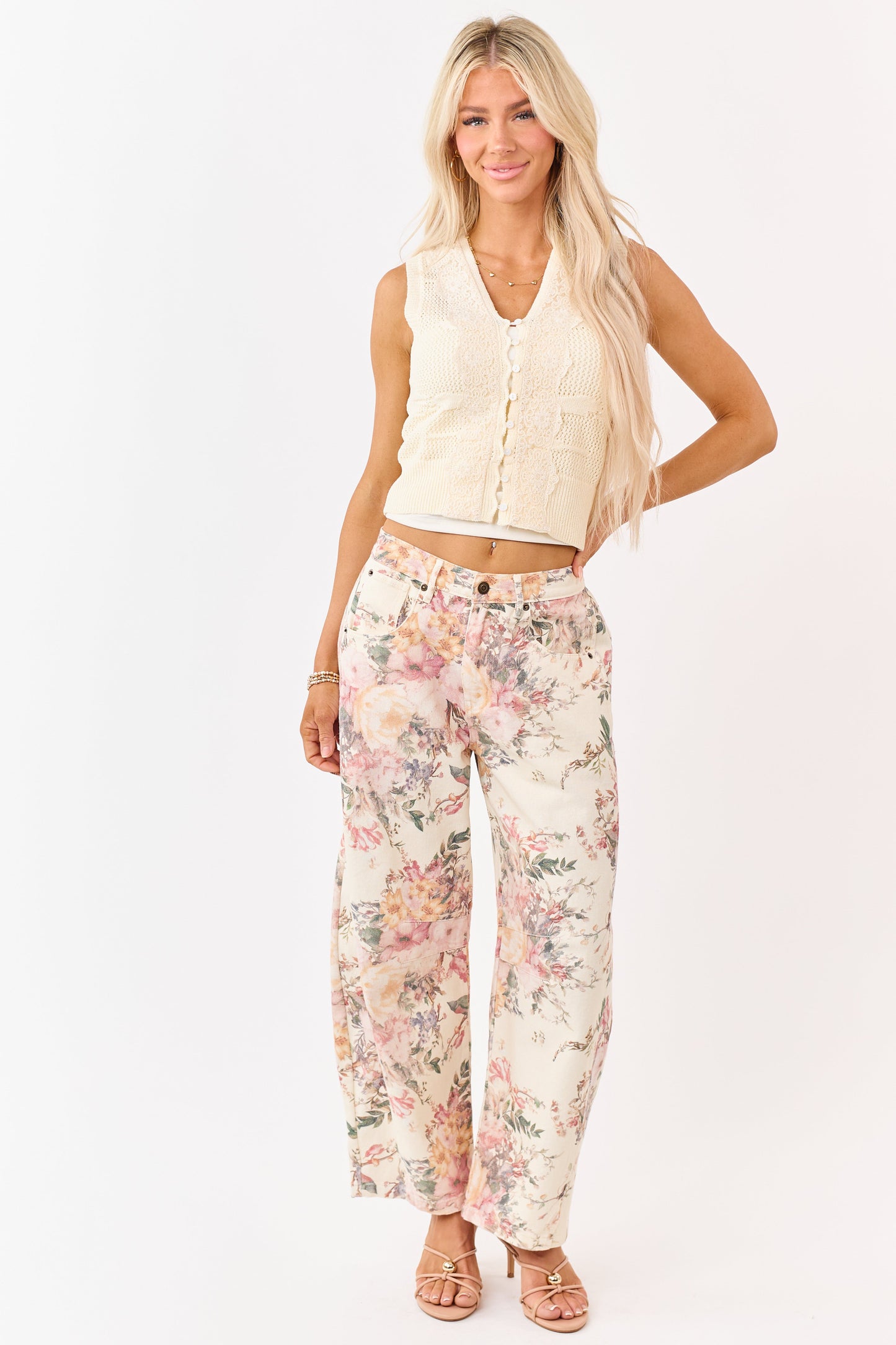 Cream Pointelle Knit Lace Trim Vest Top