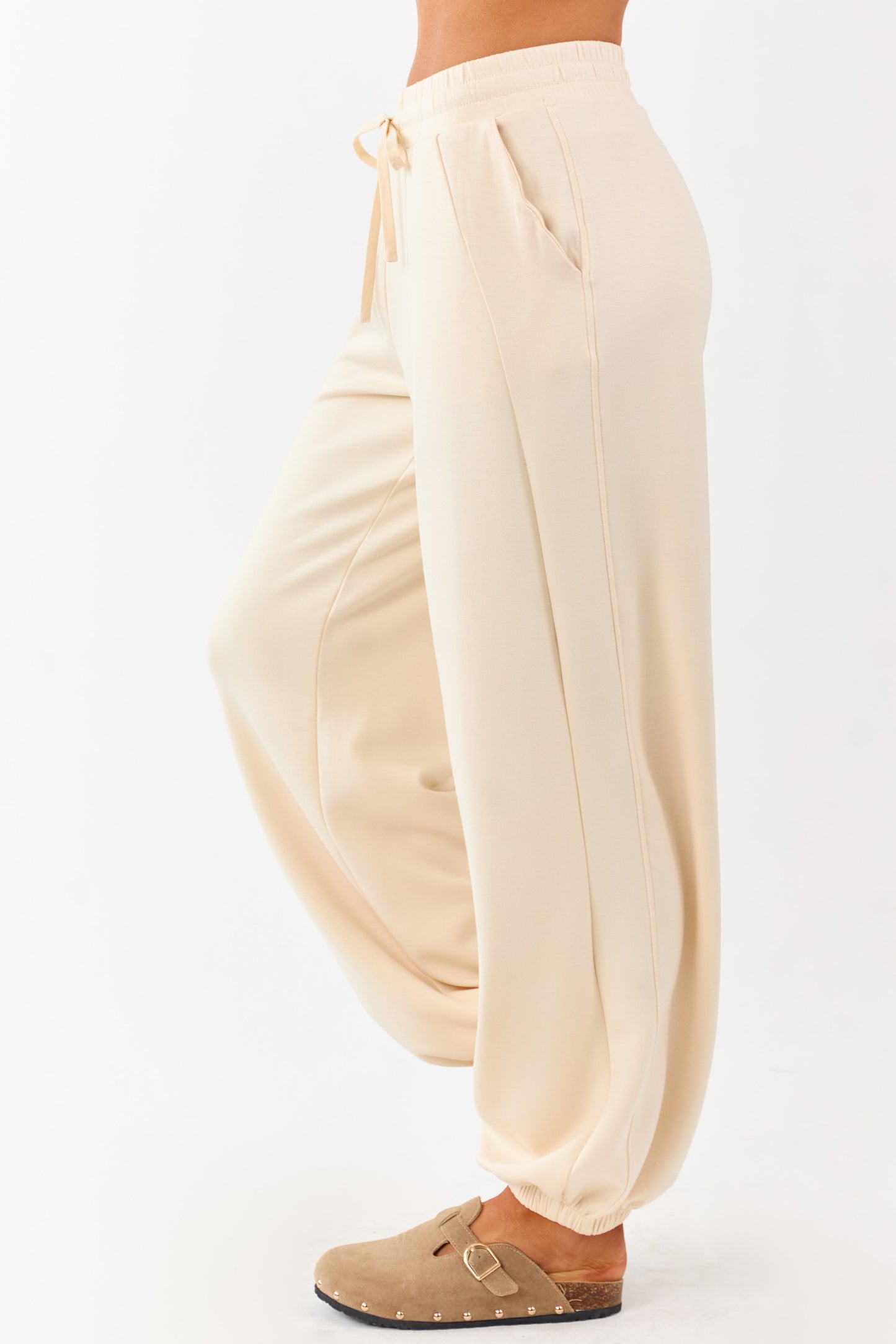 Cream Soft Knit Drawstring Jogger Sweatpants