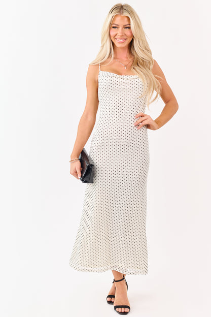Cream and Black Polka Dot Mesh Cowl Neck Midi Dress