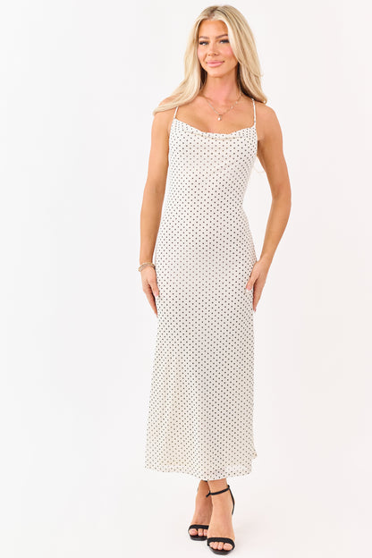 Cream and Black Polka Dot Mesh Cowl Neck Midi Dress