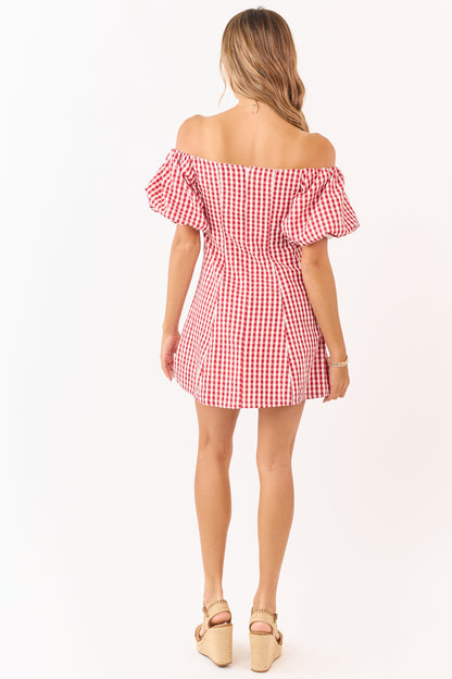 Cream and Burgundy Gingham Off Shoulder Mini Dress