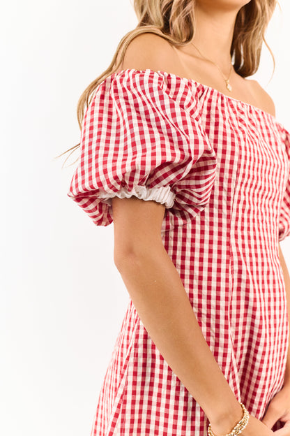 Cream and Burgundy Gingham Off Shoulder Mini Dress