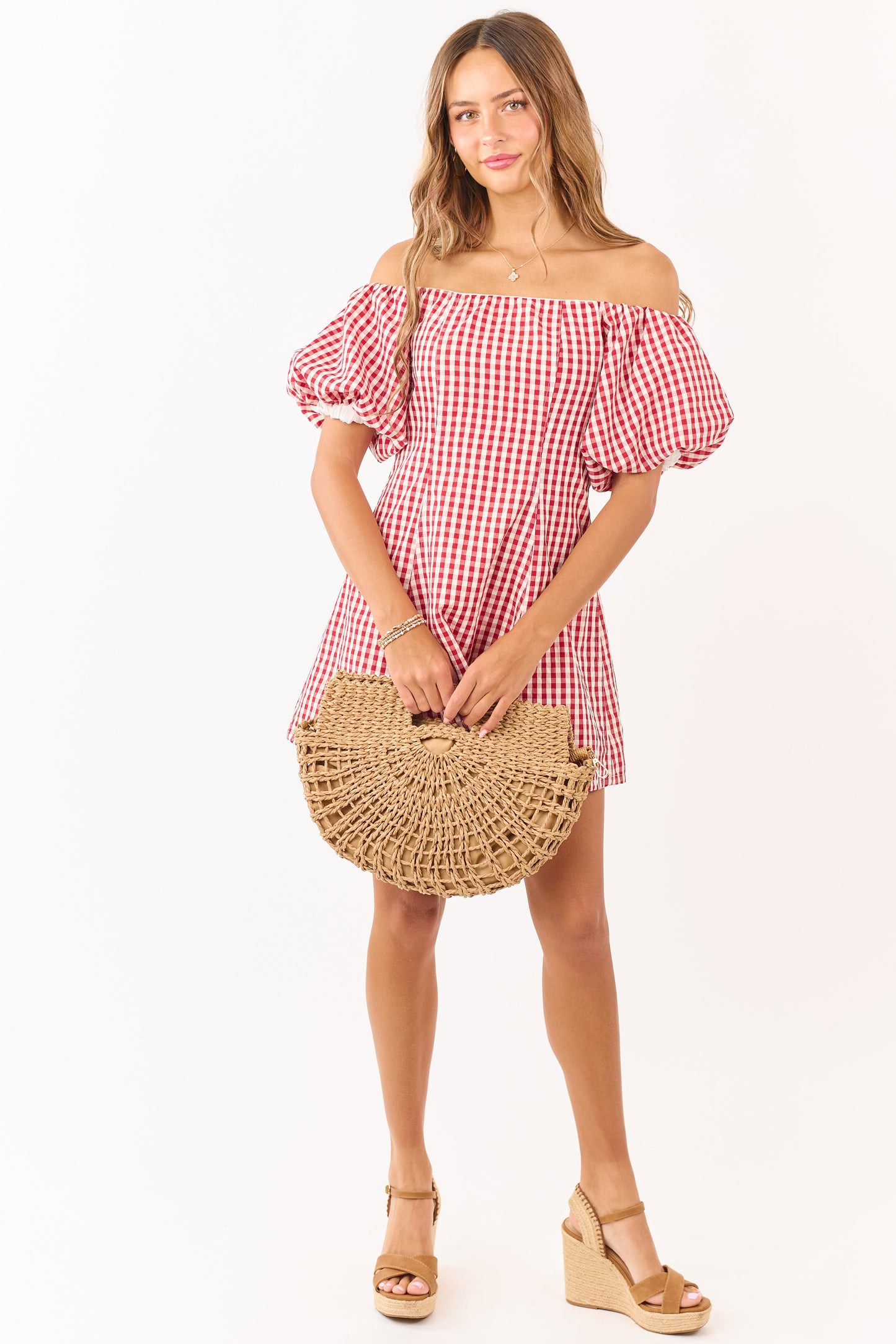Cream and Burgundy Gingham Off Shoulder Mini Dress