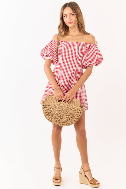 Cream and Burgundy Gingham Off Shoulder Mini Dress