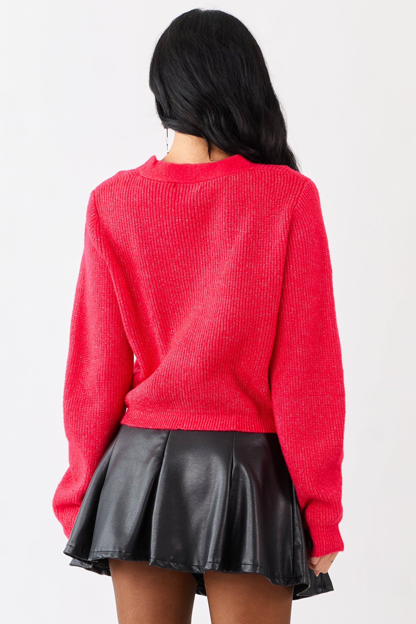 Crimson Sparkly Bow Button Down Rib Knit Cardigan