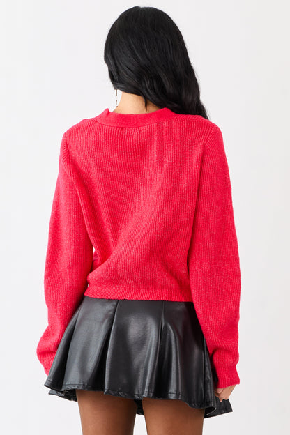 Crimson Sparkly Bow Button Down Rib Knit Cardigan