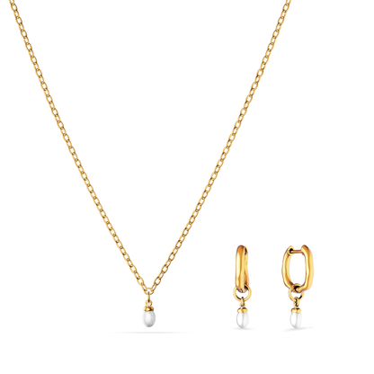 Fine Organic Pearl Necklace & Huggie Set (Gold)