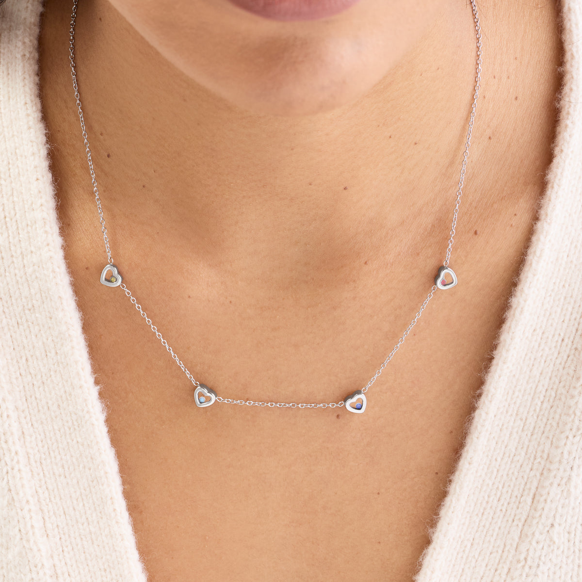 Floating Birthstone Multi Heart Necklace (Silver)