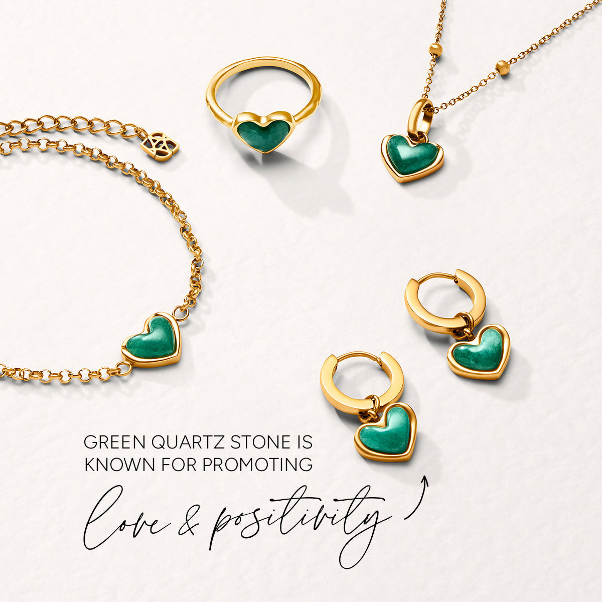 Green Quartz Heart Necklace & Huggie Set (Gold)