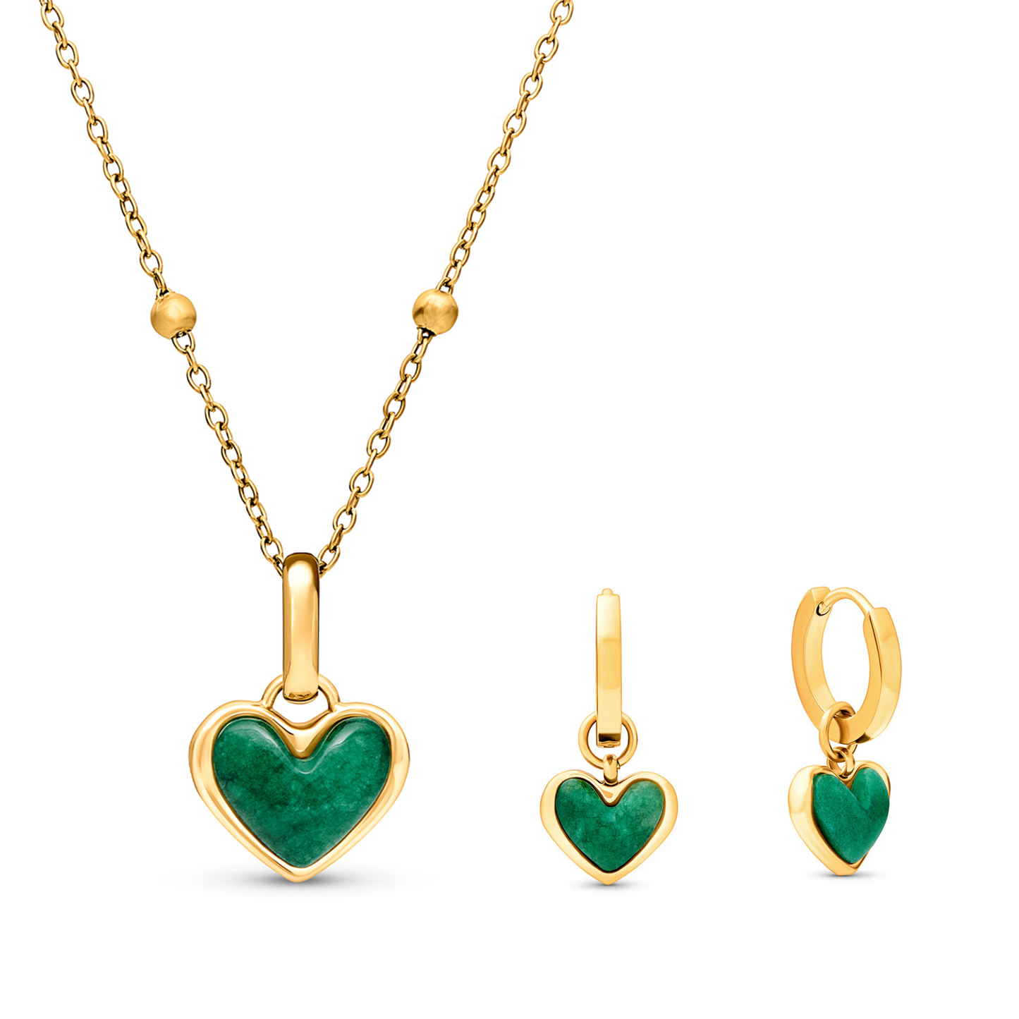 Green Quartz Heart Necklace & Huggie Set (Gold)