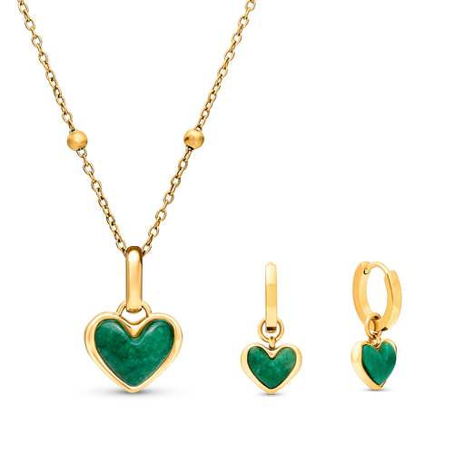 Green Quartz Heart Necklace & Huggie Set (Gold)