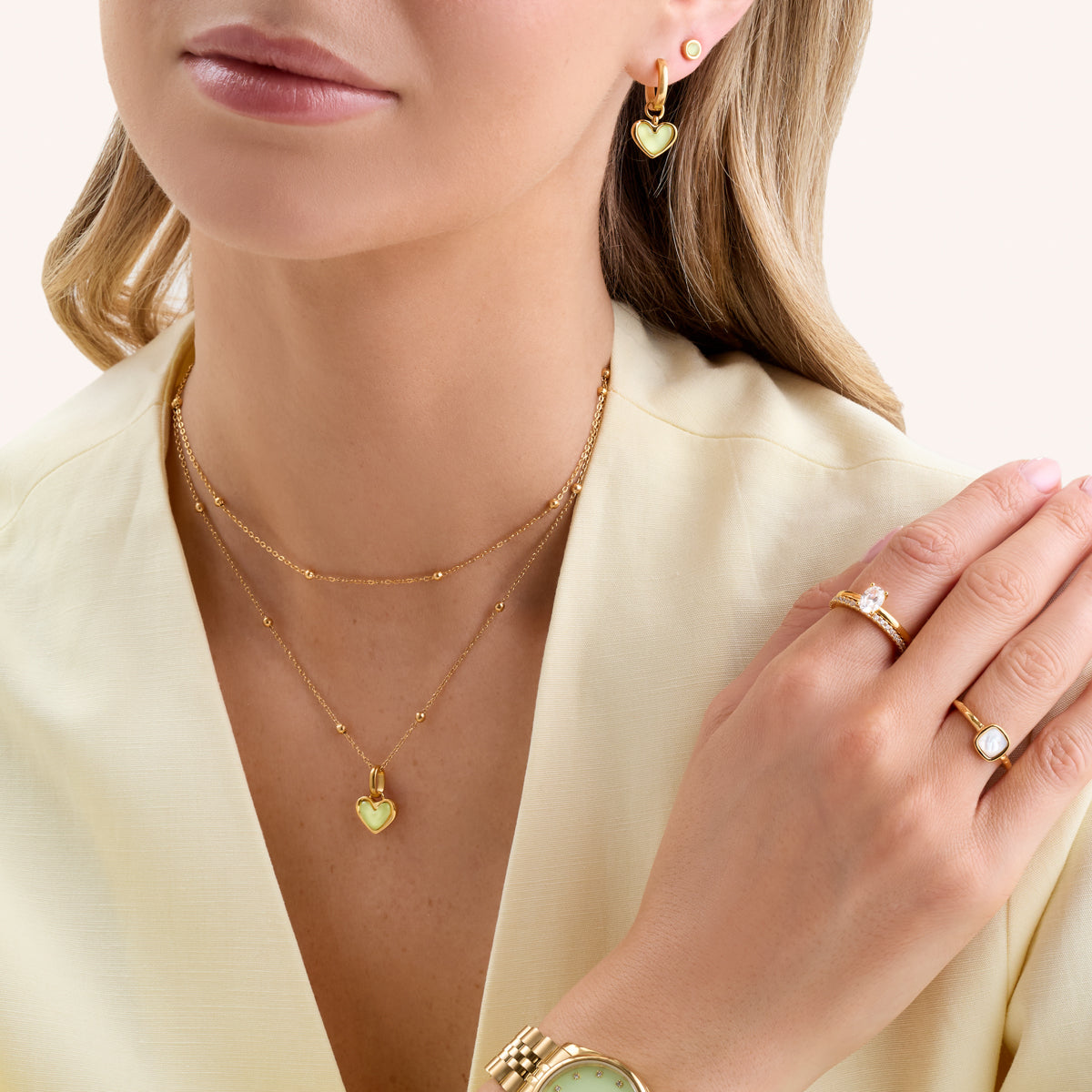 Mint Green Quartz Heart Necklace & Earrings Set (Gold)