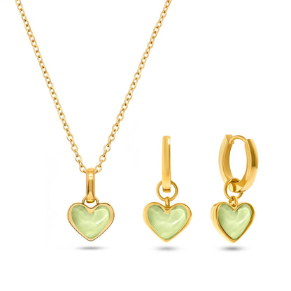 Mint Green Quartz Heart Necklace & Earrings Set (Gold)