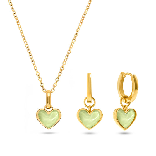 Mint Green Quartz Heart Necklace & Earrings Set (Gold)