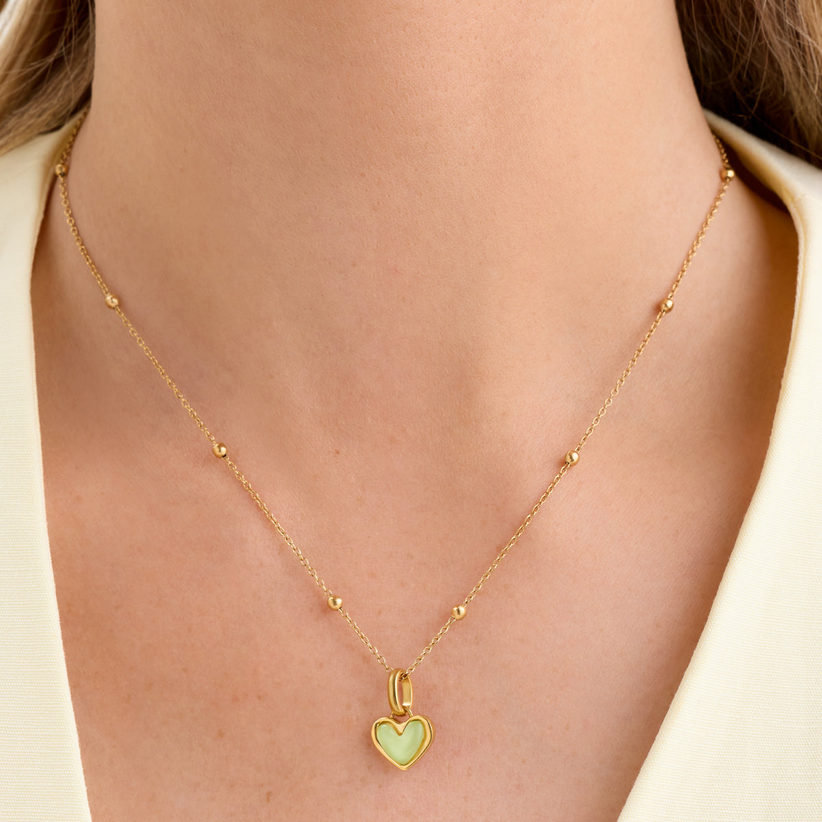 Mint Green Quartz Heart Necklace (Gold)