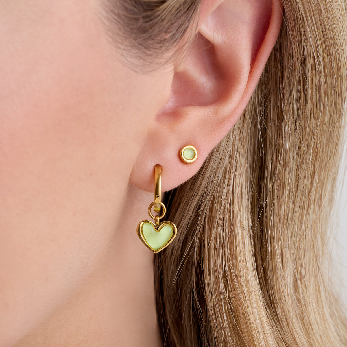 Mint Green Quartz Heart Huggie Earring Set (Gold)