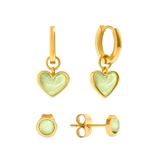 Mint Green Quartz Heart Huggie Earring Set (Gold)
