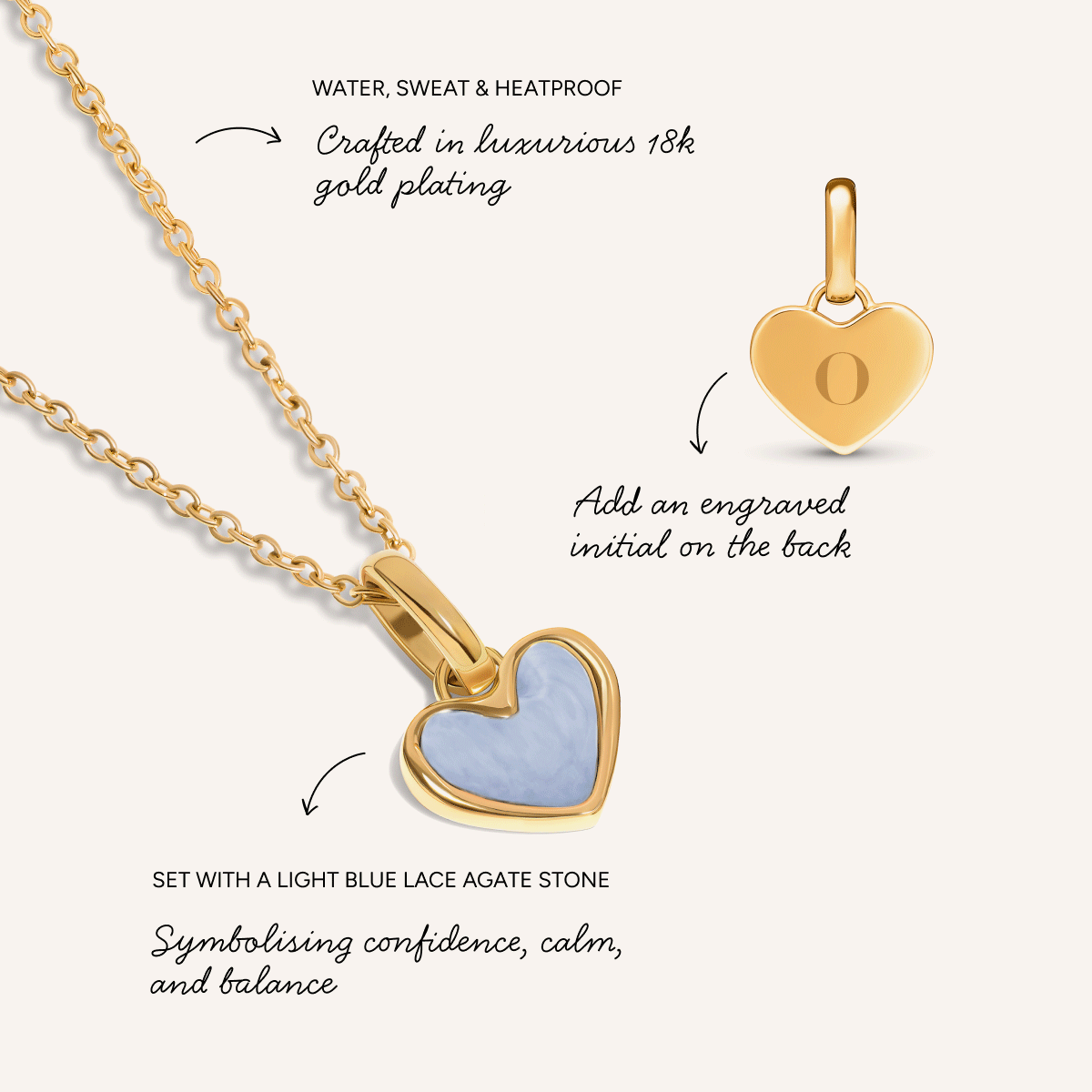 Light Blue Lace Agate Heart Necklace (Gold)