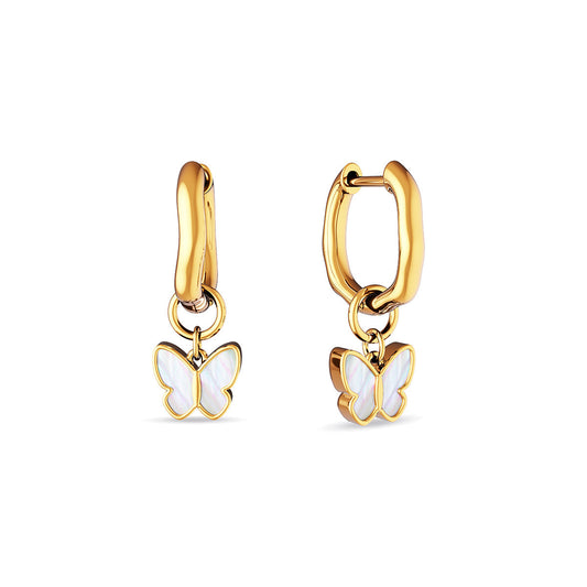 Fine Molten Mother of Pearl Butterfly Huggie Earrings (Gold)