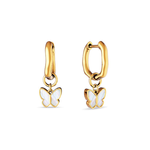 Fine Molten Mother of Pearl Butterfly Huggie Earrings (Gold)