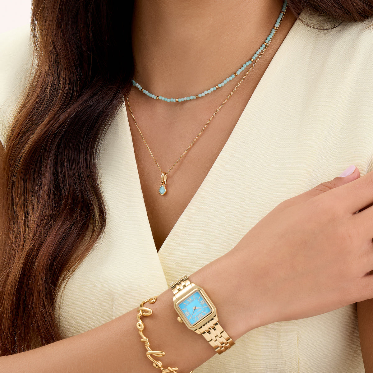 Mini Beaded Blue Necklace (Gold)