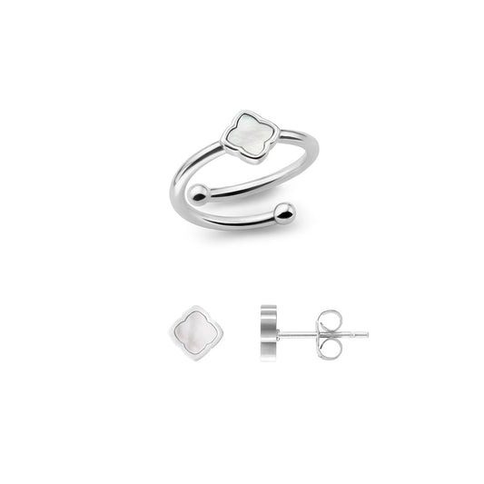 Mini Pearl Clover Ring & Earrings Set (Silver)