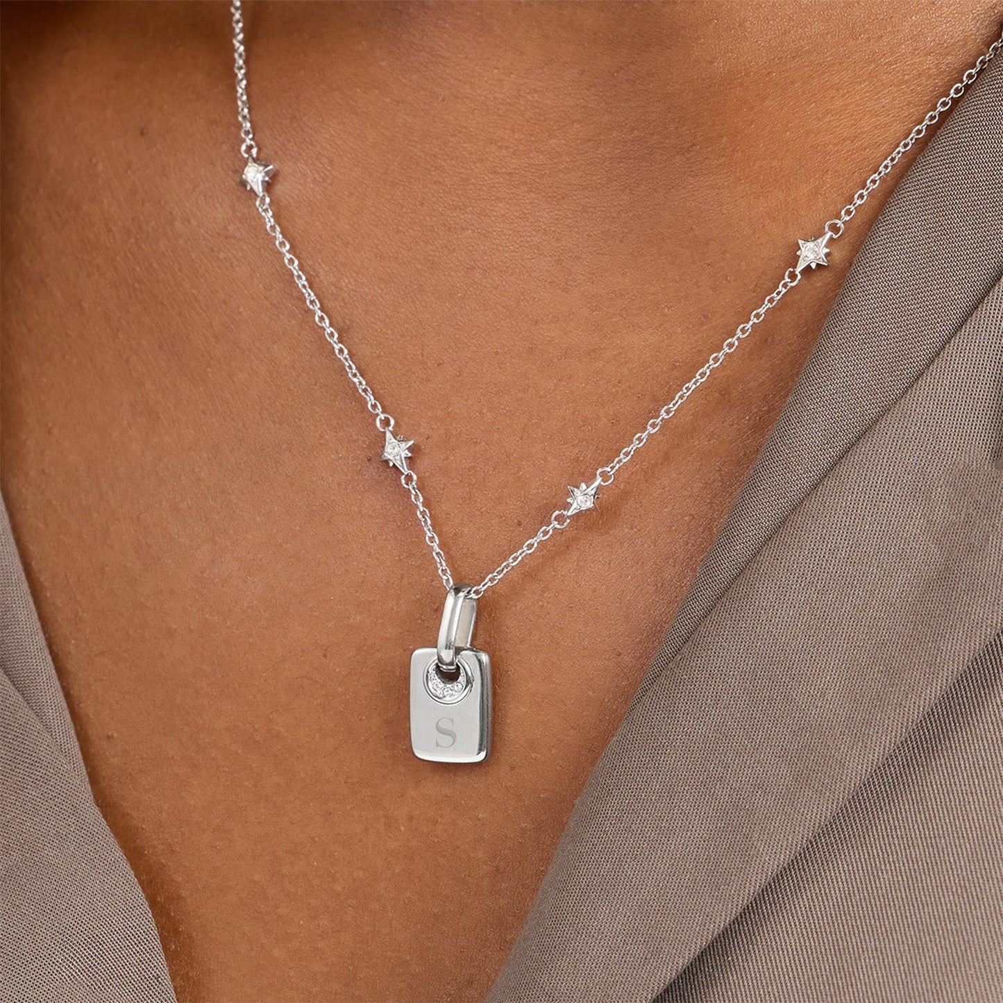 Mini Written In The Stars Initial Tag Necklace (Silver)