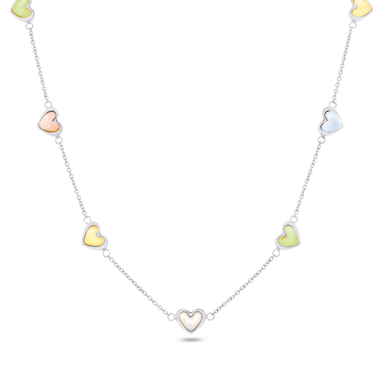 Multi Pastel Mini Hearts Necklace (Silver)