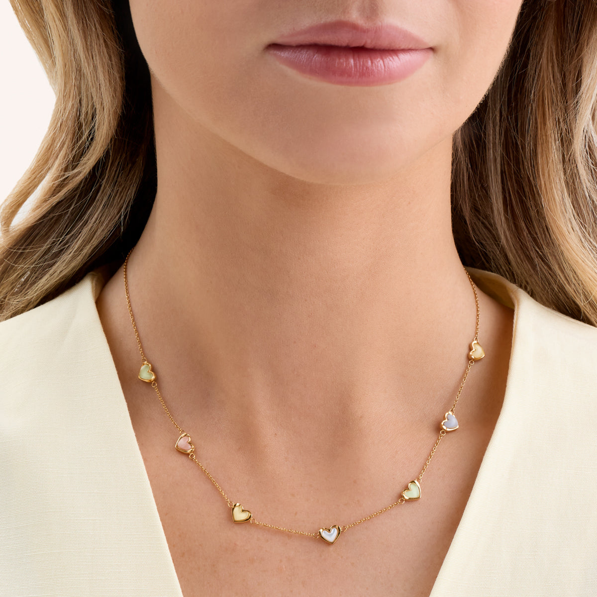 Multi Pastel Mini Hearts Necklace (Gold)