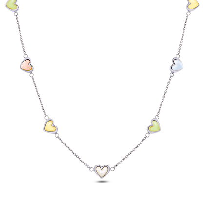Multi Pastel Mini Hearts Necklace (Silver)