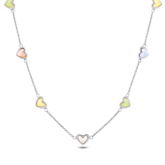 Multi Pastel Mini Hearts Necklace (Silver)