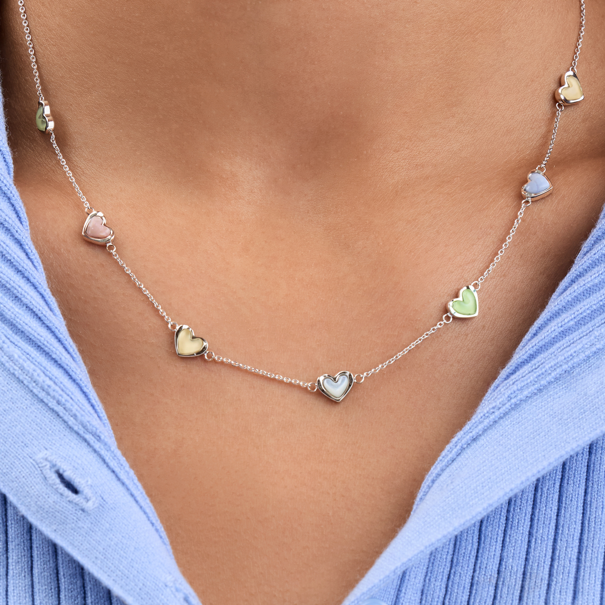 Multi Pastel Mini Hearts Necklace (Silver)