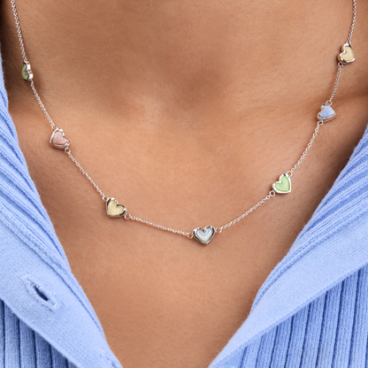 Multi Pastel Mini Hearts Necklace (Silver)