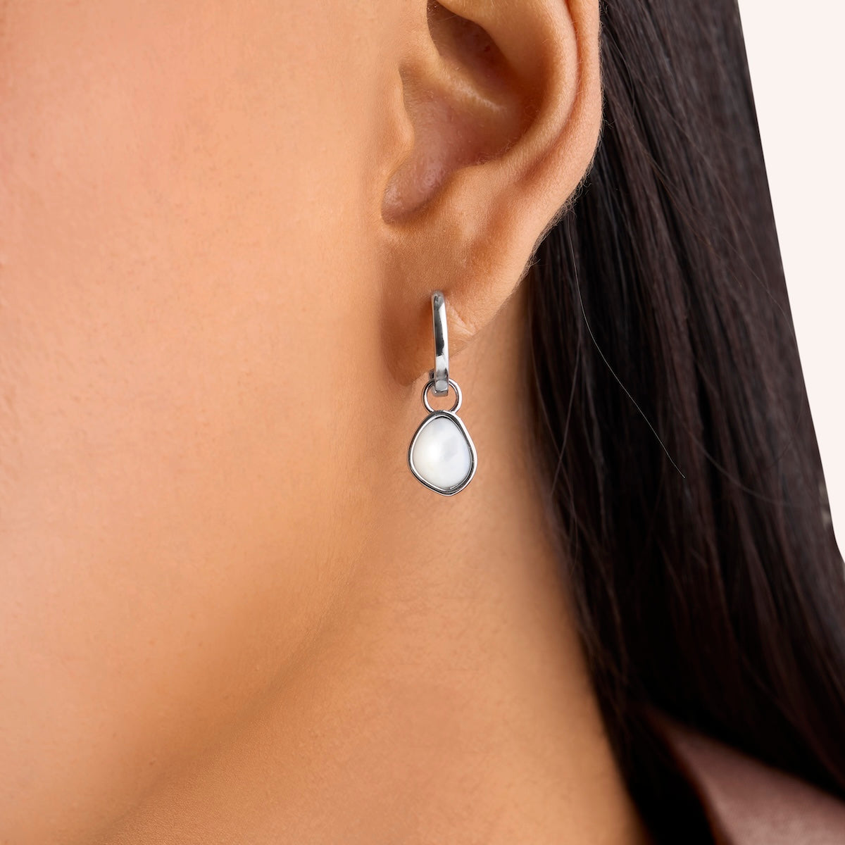 Mother of Pearl Huggie Hoop Earrings (Silver)