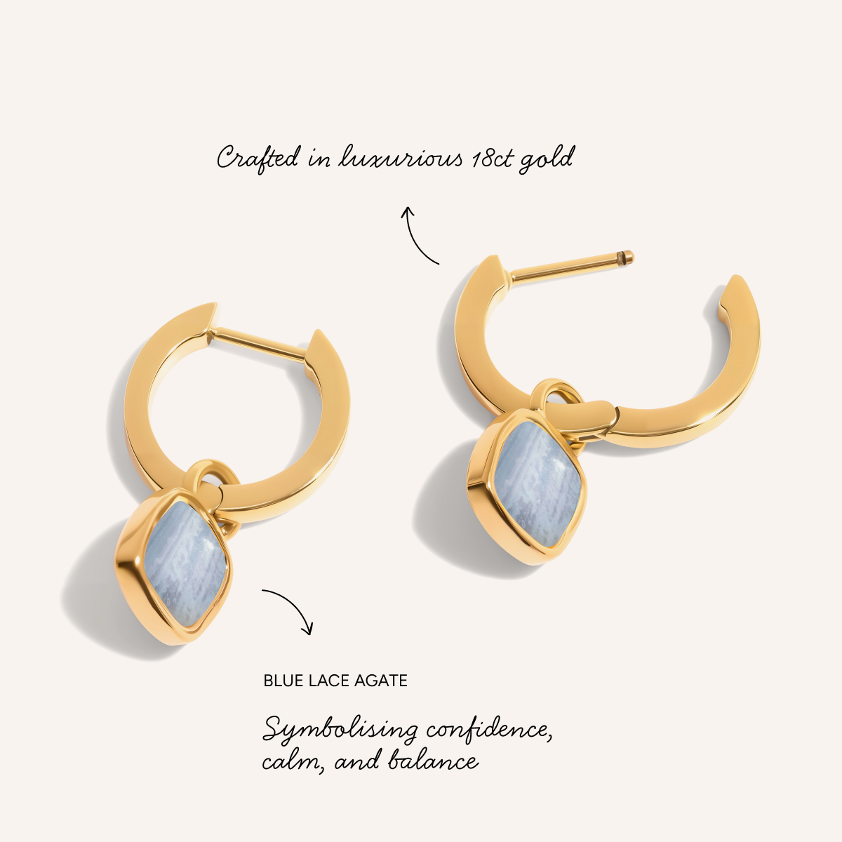 Blue Lace Agate Cushion Huggie Earrings (Gold)