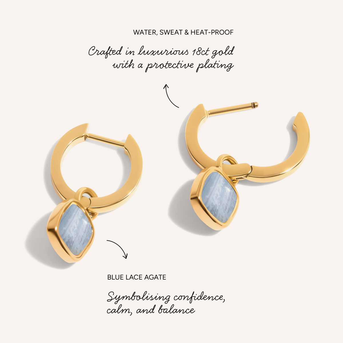 Blue Lace Agate Cushion Huggie Earrings (Gold)