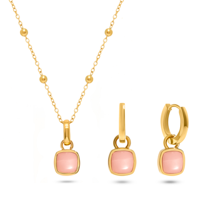 Pale Pink Opal Cushion Necklace & Earrings Set (Gold)