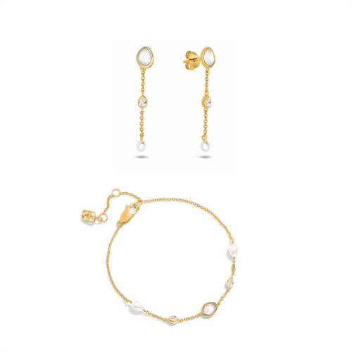 Modern Elegance Quartz & Pearl Bracelet & Earring Set (Gold)