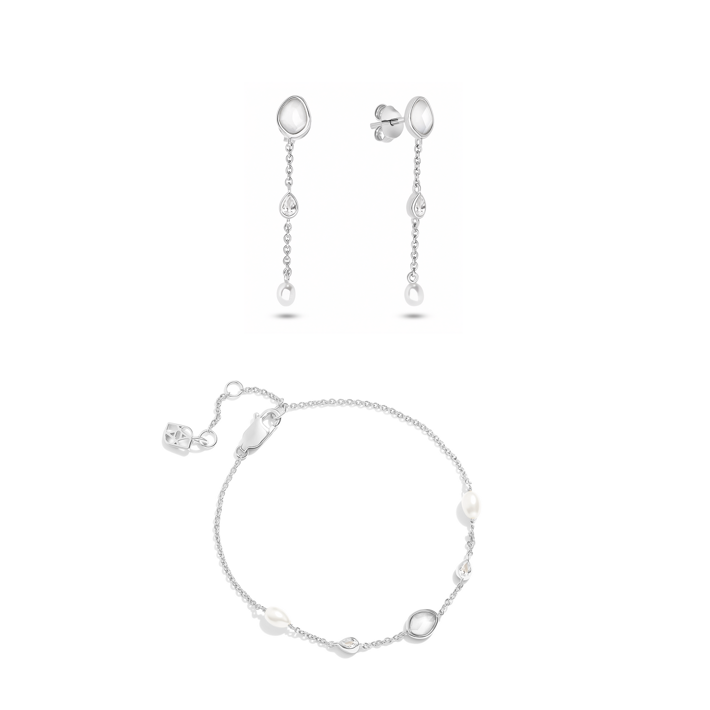 Modern Elegance Quartz & Pearl Bracelet & Earring Set (Silver)