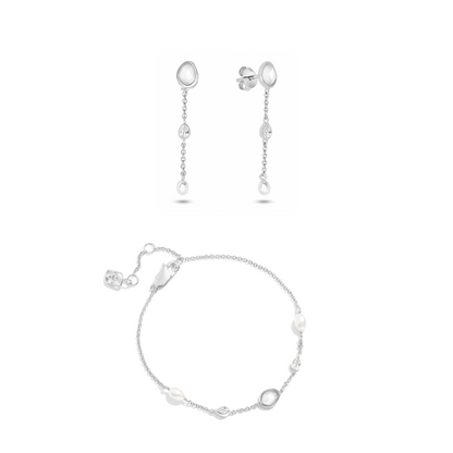 Modern Elegance Quartz & Pearl Bracelet & Earring Set (Silver)